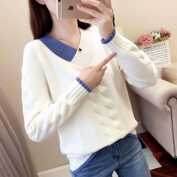 

women knitted sweaters and pullovers casual long sleeve women warm v-neck fall jumper korea twist female solid pull blue sweater 210203, White;black