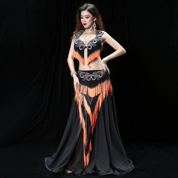 

stage wear belly dance high-end diamond bra + fringed skirt big swing 3pcs temperament woman professional costume, Black;red