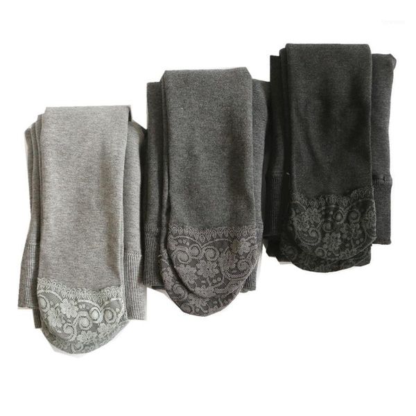 

full foot warm tights women high waist fleece thick tight cotton women pantyhose lace footless stockings for girls1, Black;white