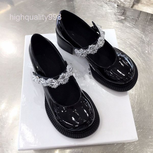 

dress shoes high end quality crystal ice flower thick high heel leather big head mary jane single shoes, Black