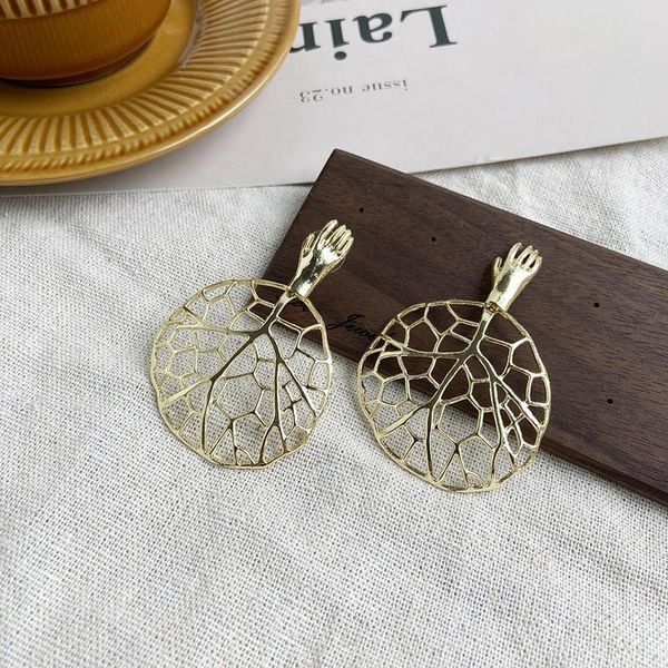 

stud boho vintage gold leaf earrings for women 2021 geometric hollow hand shape earring party jewelry fashion statement, Golden;silver