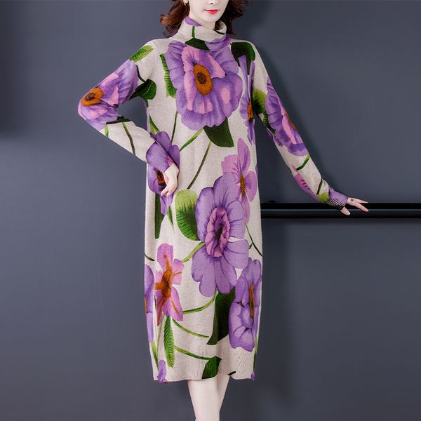 

winter casual floral knited turtleneck sweater dress autumn vintage chic plus size women elegant bodycon long wool sweaters 201201, White;black