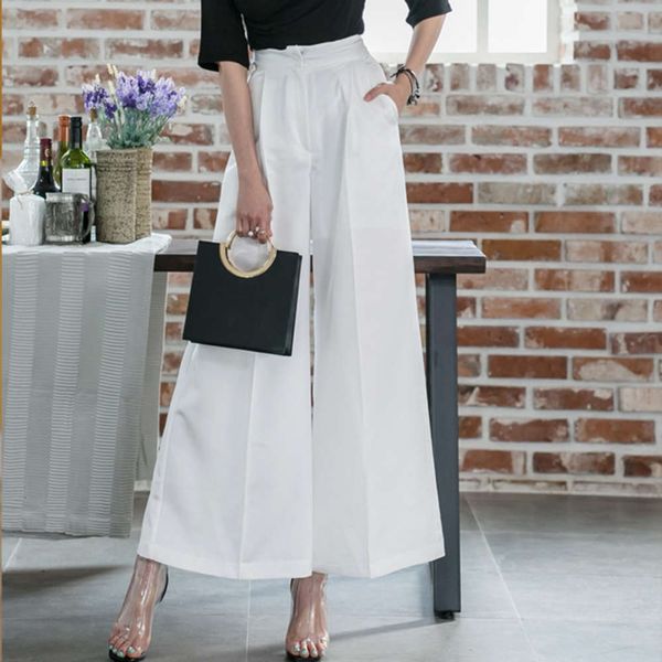 

new summer 2019 ol profsional women's temperament high waist thin loose wide leg pants capris, Black;gray