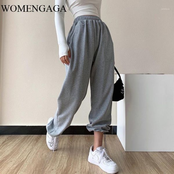 

womengaga american style drawstring leg knitted sports pants high waist loose casual all-match straight trousers 6r211, Black;white