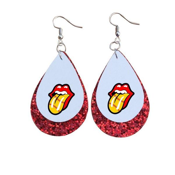 

stud luscious lips with tongue and leopard baseball earrings faux leather teardrop, Golden;silver