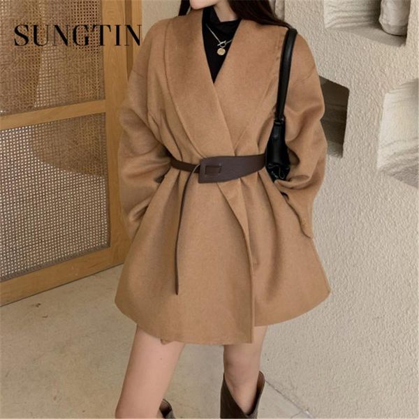 

women's wool & blends sungtin korean casual sashes woolen coat women spring warm loose lace up jacket female elegant long sleeves with, Black