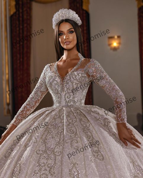 Árabe saudita vestidos de casamento vintage bling manga longa vestido de baile renda muçulmano robe de mariage 2022268o