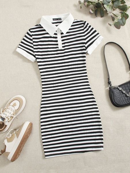 

striped contrast collar dress t8mz#, Black;gray