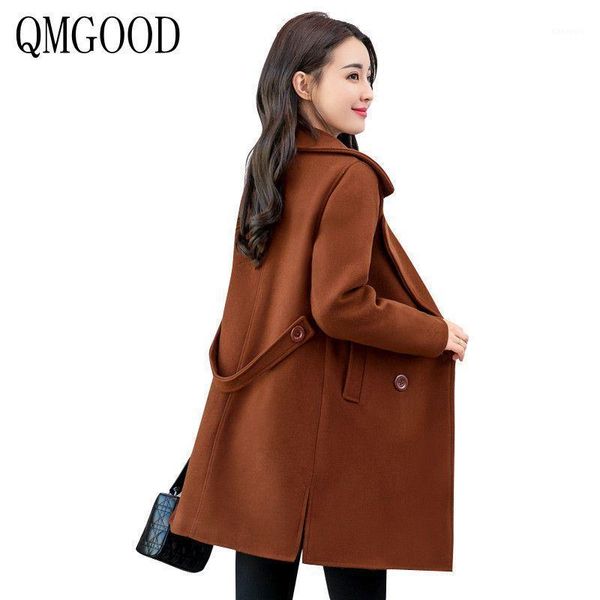 

qmgood fashion plus size women long coat and jacket autumn winter women wool coats match sashes elegant korean slim coat1, Black