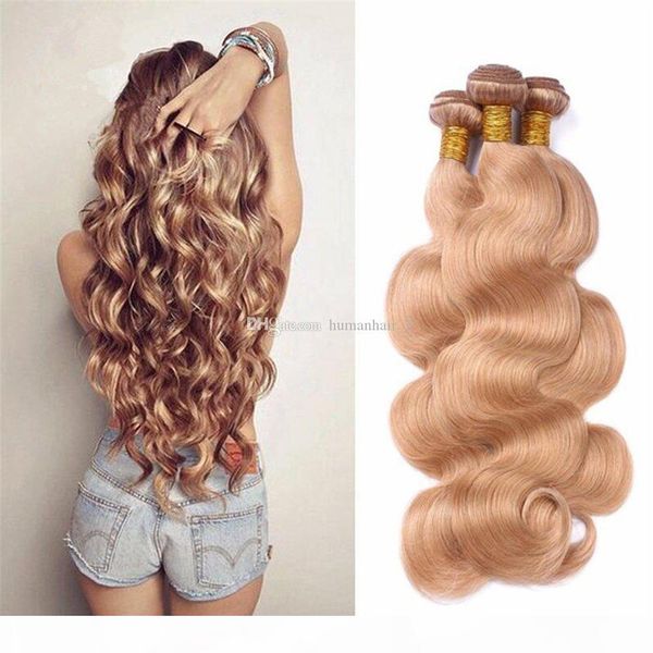 

#27 honey blonde 3 bundles brazilian virgin human hair wefts body wave hair extensions 8a grade unprocess strawberry blonde hair 3pcs lot, Black;brown