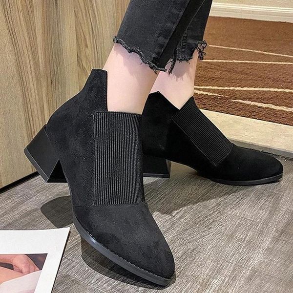 

women ankle boots ladies slip on suede stretch fabric elegant shoes chunky heels female casual boots woman winter footwear #df03, Black