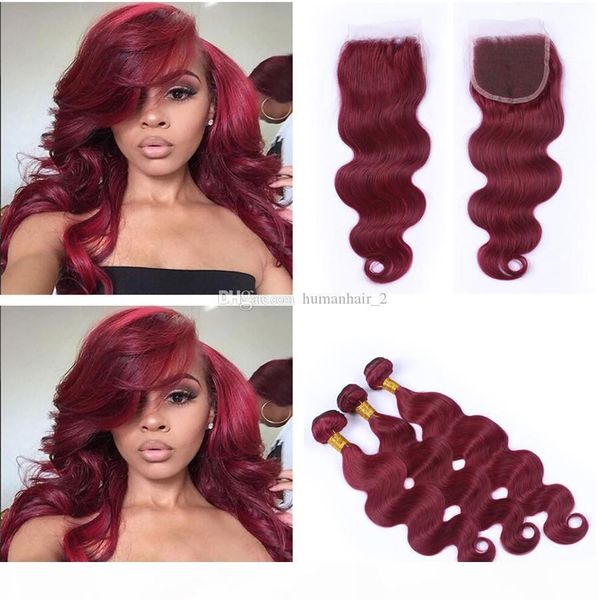 

brazilian burgundy body wave hair with closure part 99j wine red lace closure with human hair bundles red brazilian virgin hair, Black;brown