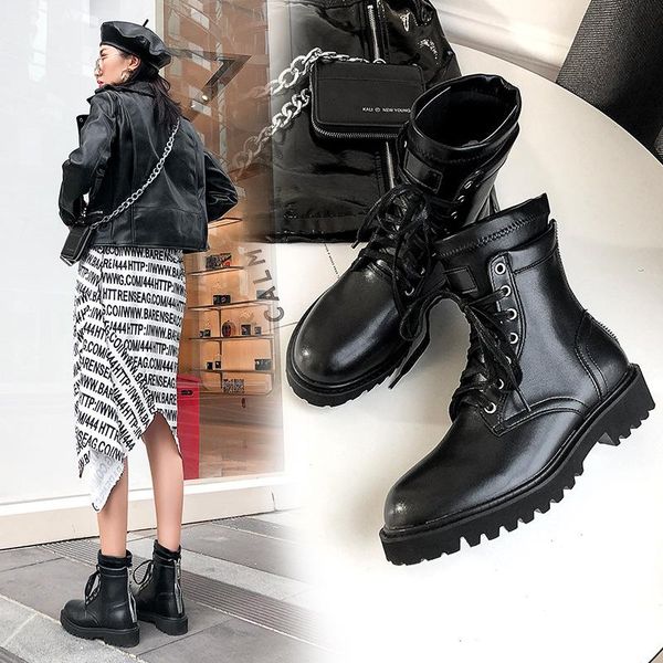

boots autumn shoes women fashion brand british style female botas mujer cross-tied motorcycle black