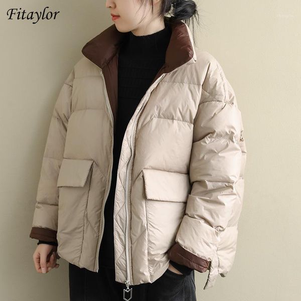 

fitaylor 2020 new winter women stand collar ultra light down coat 90% white duck down jacket zipper loose snow outwear1, Black