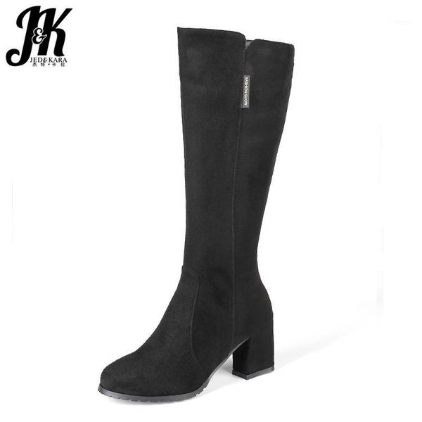 

jk high heels thick boots women flock boot ladies round toe shoes female shoes zip winter plus size 43 black 2020 new1
