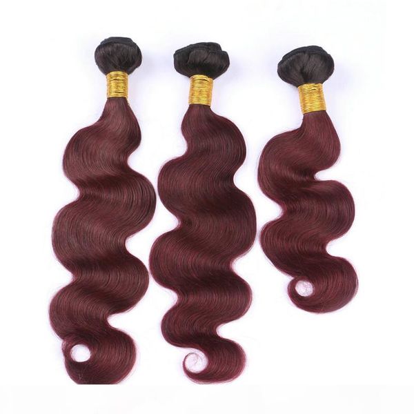 

#1b 99j wine red ombre virgin peruvian human hair bundles body wave wavy black and burgundy ombre virgin remy hair weave extensions 10-30&qu, Black;brown