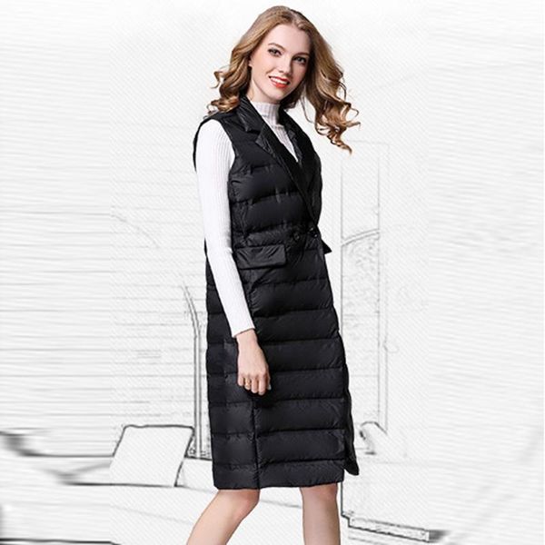 

new women long down vests 2018 autumn winter female solid color slim down waistcoats 90% white duck vests outwear fp13041, Black