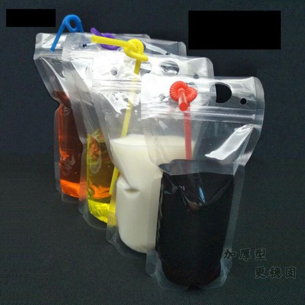 

17oz clear drink pouches bags frosted zipper stand-up plastic drinking bag with straw holder reclosable heat-proof dhc1034
