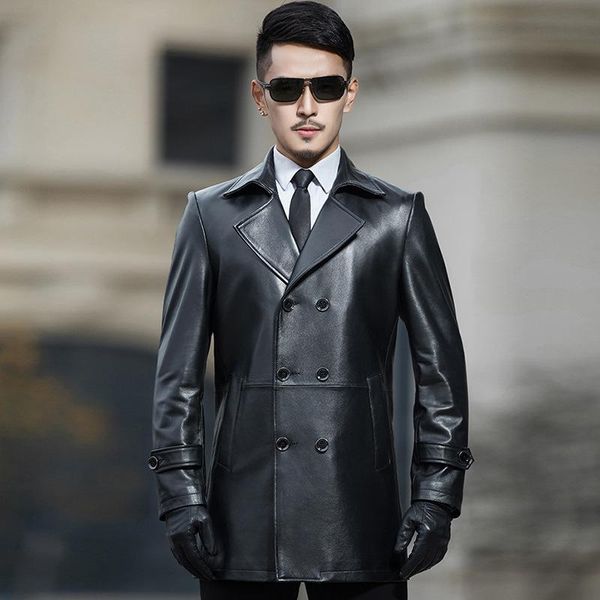 

men's leather & faux 2021 mens genuine coat suit collar sheepskin windcoat jacket men plus size mx1959, Black