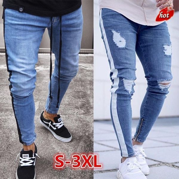 

2021 new men fashion biker jeans denim ripped zipper knee holes slim skinny hip hop side stripe jeans men plus size o8r21, Blue