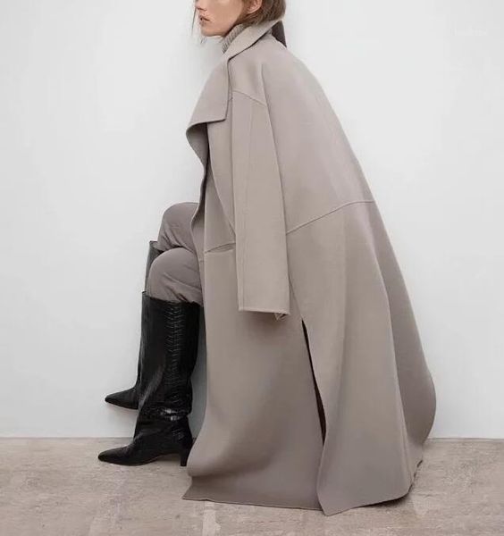 

2020fw fashion wrap coat large lapel collar elegant grey cashmere wool oversized long trench side slit open front pockets1, Tan;black