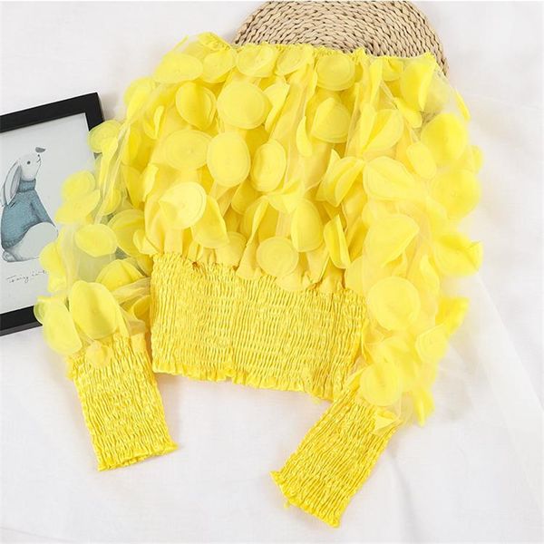 

2021 slash neck lady new korean spring puff see through gauze sweet fashipn shirt applique female blouse tvug, White