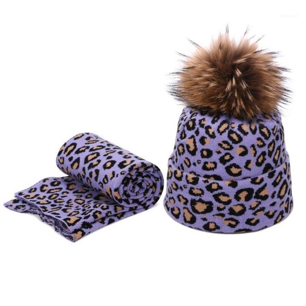 

2pcs winter women pompon beanie hat scarf set leopard spots outdoor warm faux fur pom pom hedging caps1, Blue;gray
