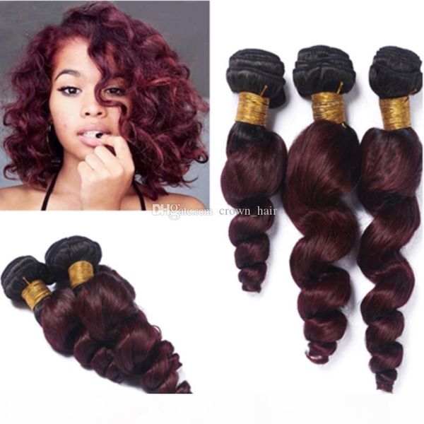 

new arrival dark root two tone burgundy malaysian human hair bundles #1b 99j loose wave human hair extensions ombre hair weaves, Black