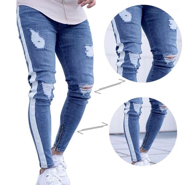 

new fashion knee hole side zipper slim distressed jeans men ripped tore up streetwear hiphop for men slim stripe pants1, Blue