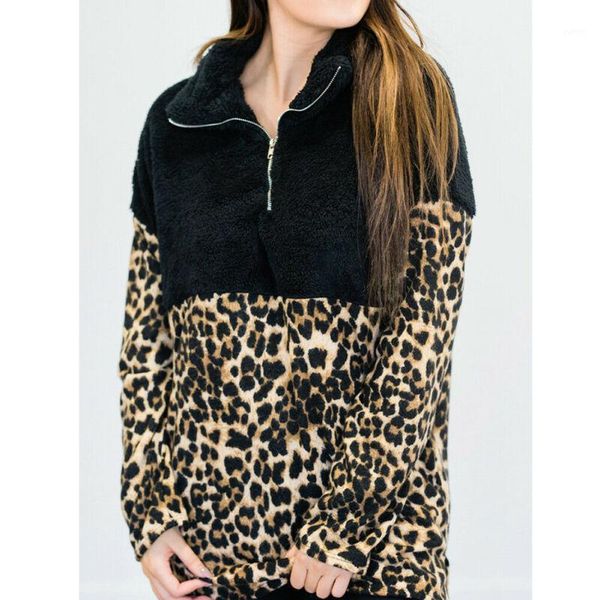 

women leopard fluffy winter warm sweatshirt ladies hoodies half-zip pullover patchwork sweatshirts1, Black
