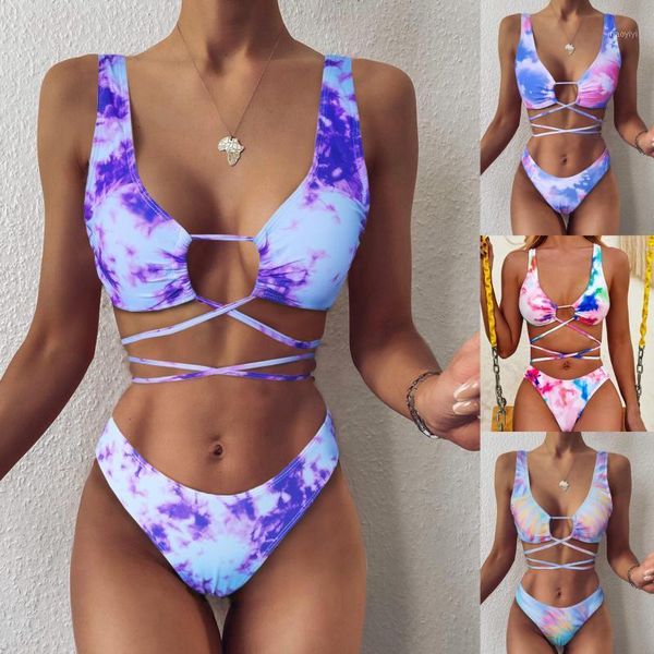 

fashion 2020 women gradient tie-dye print hollow out bandage bikini sets beachwear bathing suits beachwear two-piece suits1, White;black