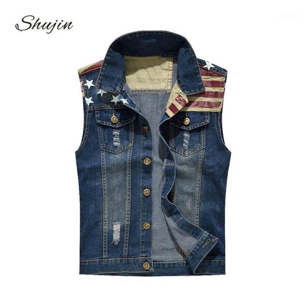 

shujin 2019 pleated design man denim vest hole washed jeans waistcoat men plus size 5xl denim vest male sleeveless jackets1, Black;white