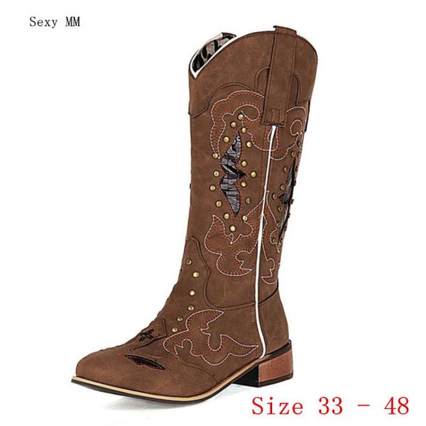

boots spring autumn thick low med heel women mid calf western shoes woman short small plus size 33 - 48, Black
