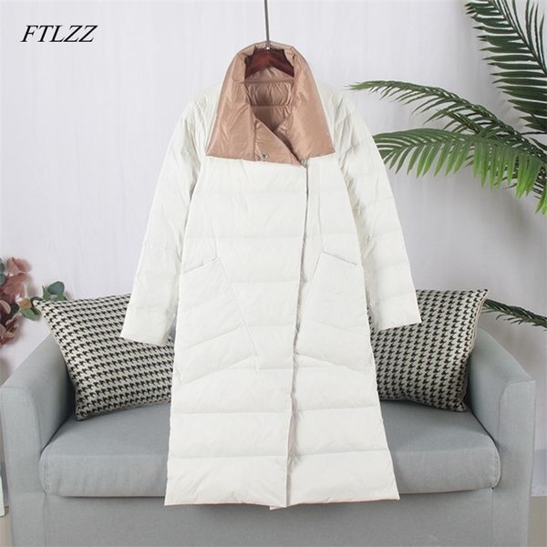 

ftlzz duck down jacket women winter long double sided plaid coat female plus size warm down parka slim outwear 201103, Black