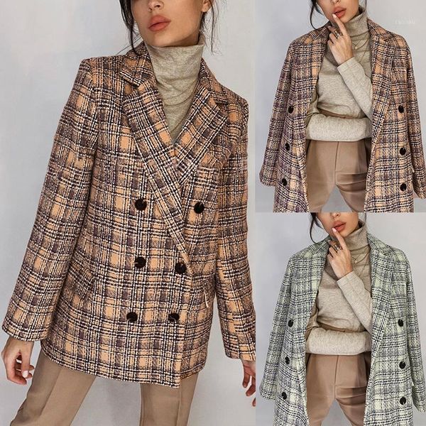 

women's fashion double-breasted business wear plaid suit collar plaid blazer1, White;black
