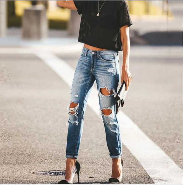 

women's jeans ripped loose straight-leg autumn and winter casual trousers, Blue