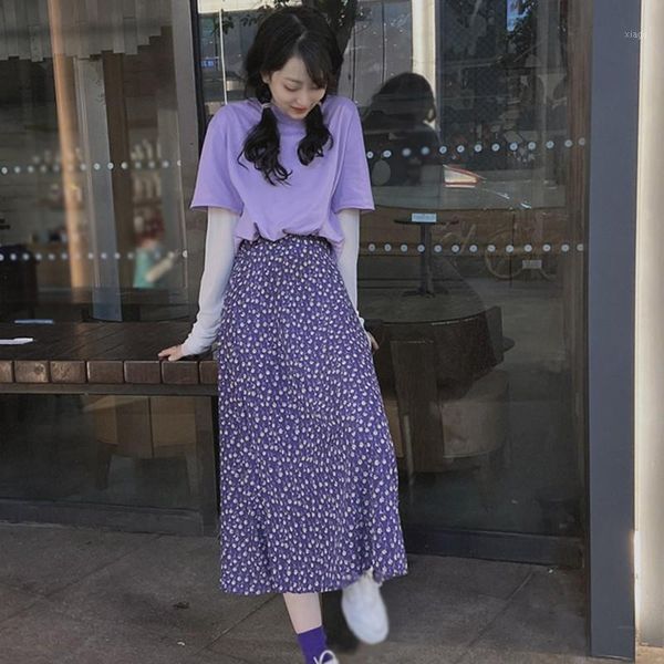 

fashion floral print ruffle pleated long skirts female korean skirt streetwear drawstring elastic waist midi skirt1, Black