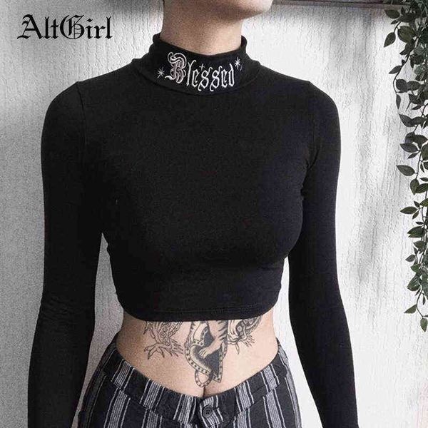 AltGirl Dark Goth T-shirt Donna Blessed Lettera Dolcevita ricamato Slim Tumblr Abbigliamento Y2K E-girl Punk Street Bottom Top Tees H1230
