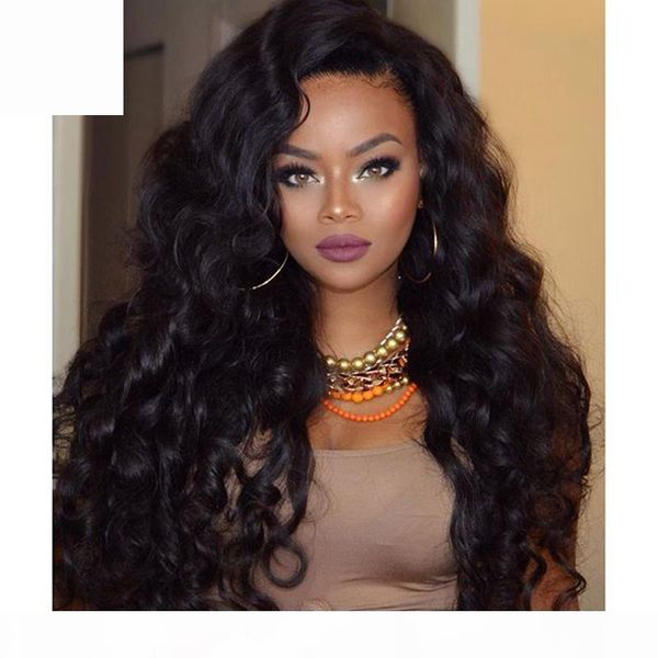 

side part body wavy malaysian human hair glueless full lace wig with baby hair around natural hairline silk base lace fornt wig, Black;brown