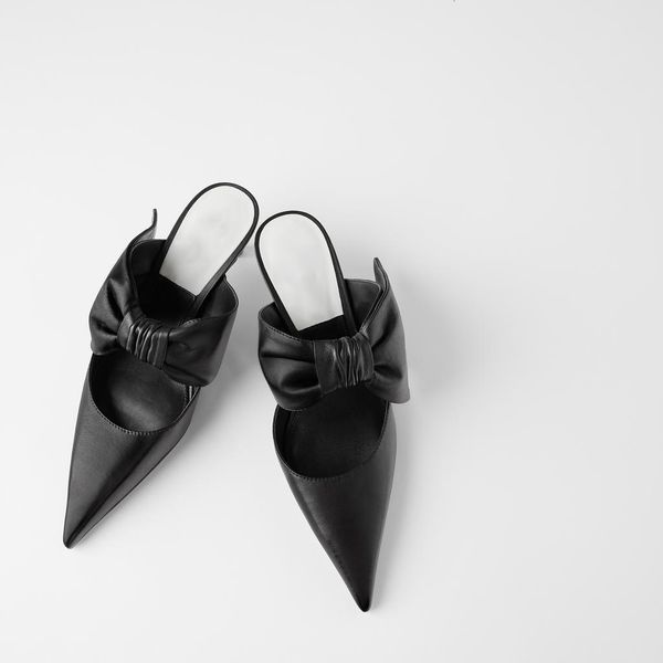 

2021 new women's shoes black bowknot thin high heels slippers h9nc