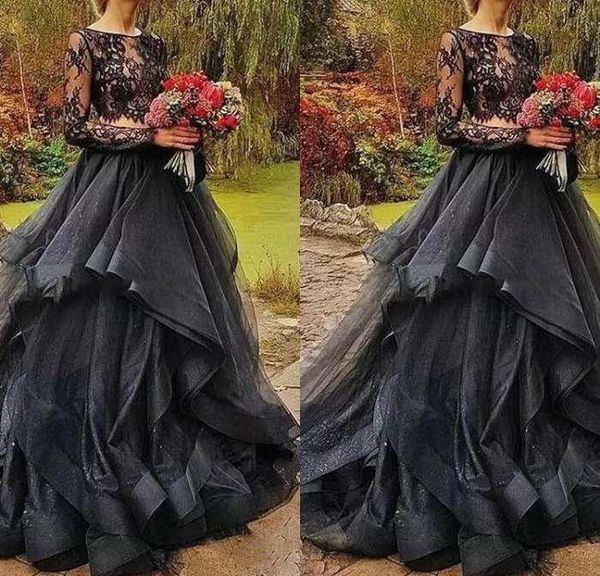 

2021 forest black gothic two pieces wedding dresses jewel neck illusion full sleeve wedding gowns with tiered ruffles country style, White