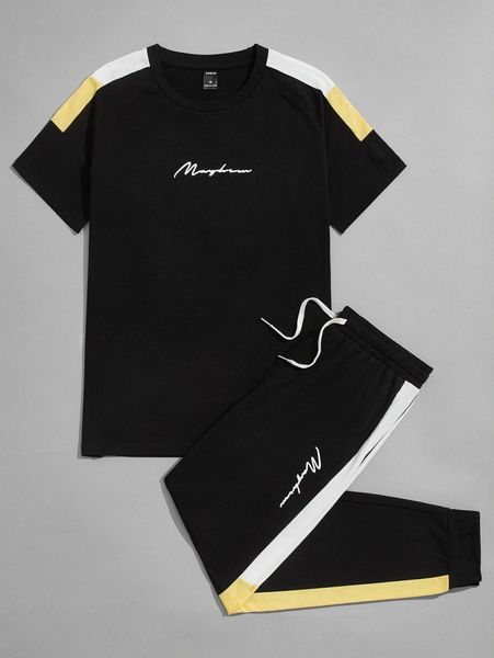 

men letter graphic contrast side seam tee & drawstring waist sweatpants i2hp#, Gray