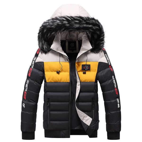 

down jacket men fashion parka men down jacket solid color stand collar patchwork hooded zipper long section thick warm, Black