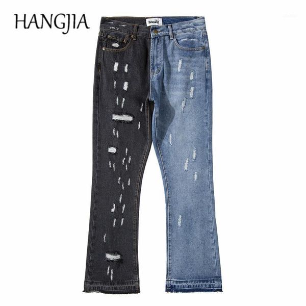 

men's jeans swag patchwork flare streetwear hip hop wide leg ripped men black blue colorblocked denim for 20211