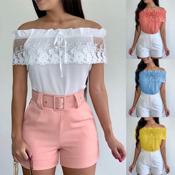 

2021 summer women elegant stylish party female fashion basic casual shase neck off shoulder lace up solid blouse, White