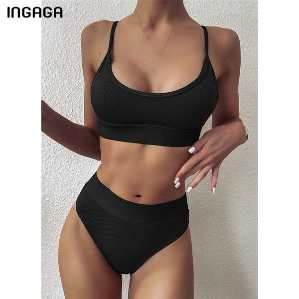 

ingaga high waist bikinis 2020 swimwear women push up swimsuits solid black biquini patchwork bathing suits strap swim suit, White;black