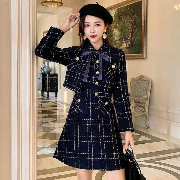 

blue plaid tweed wool short jacket + sleeveless vest dress suit winter women's bow pocket jacket set ladies 2-piece dress 201028, Black;gray