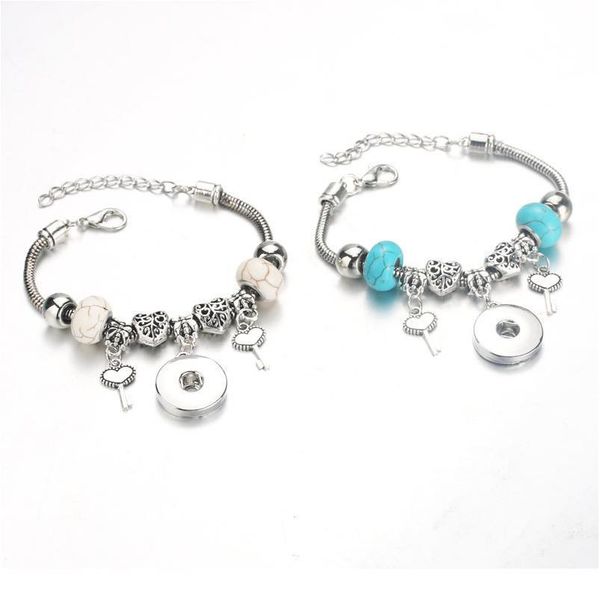 

new natural stone snap bracelet lobster buckle snake chain bangles beaded bracelet fit 18mm snap jewelry wo bbymxf, Golden;silver