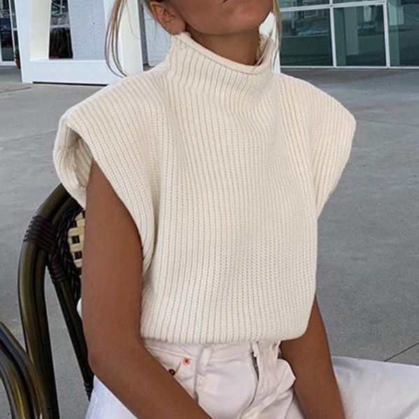

women's sweaters mjartoria turtleneck sleeveless vest sweater women 2021 shoulder pads knitted pullover autumn winter jumper casual fa, White;black