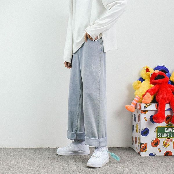 

men's jeans korean wide-leg fashion retro casual light blue men streetwear wild loose hip-hop straight denim pants mens